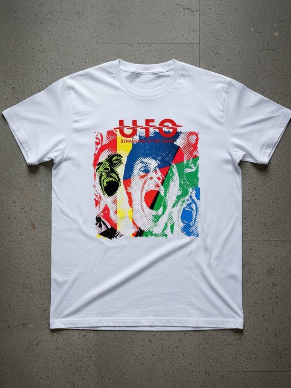 UFO “Strangers in the Night” Graphic T-Shirt – Vintage Rock Band Style White Tee